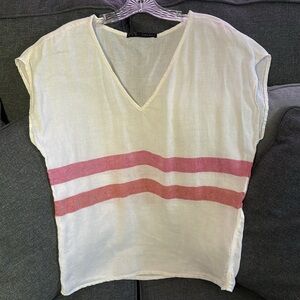 Zara 100% Linen V-Neck Top White, Red Dual Stripe Lightweight Size M